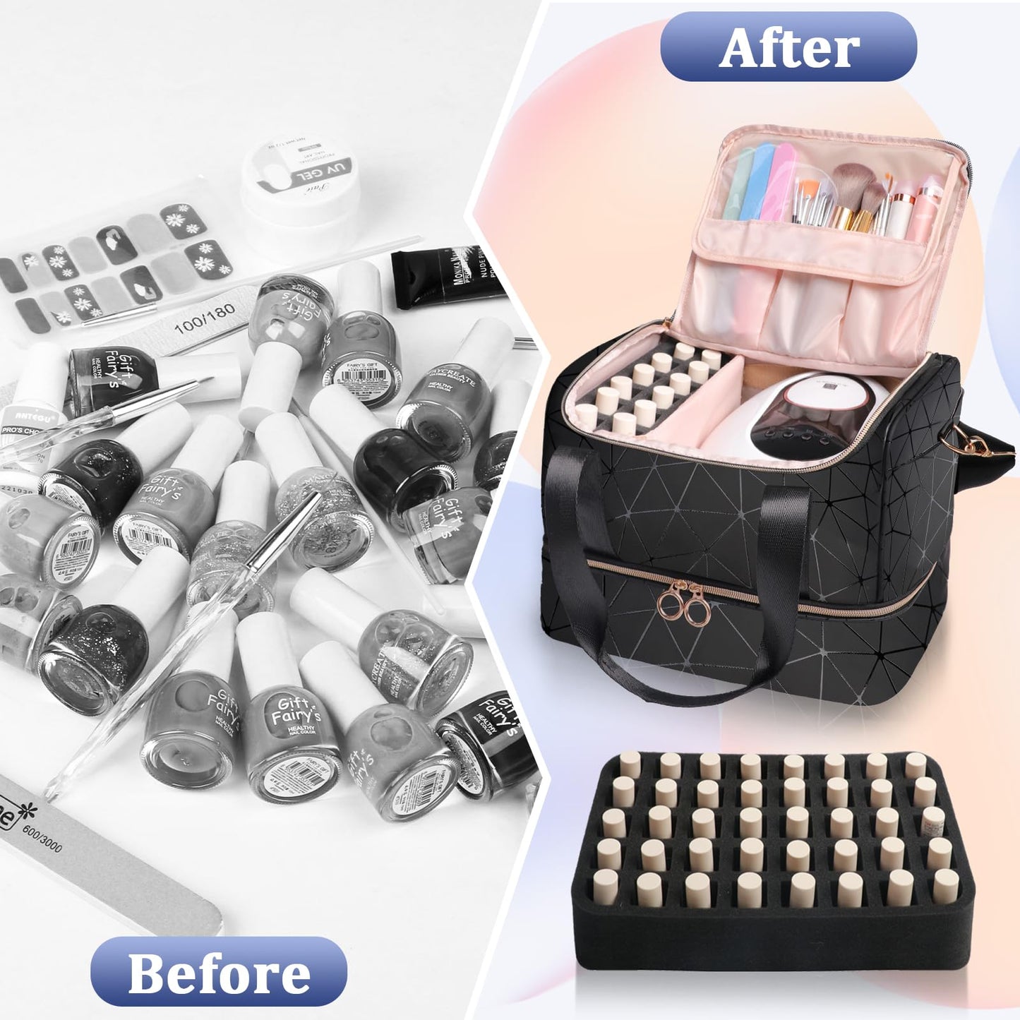 Partreko Nail Polish Organizer Holds 50 Bottles (15ml/0.5 fl.oz)& Nail Lamp, PU Leather Nail Organizers and Storage Bag with Shoulder Strap, Portable Nail Supplies Kit Organizer Carrying Case (Black)