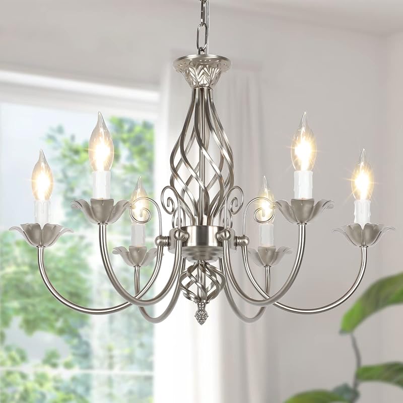 VerRon 6-Light Farmhouse Candle Chandelier - Brushed Nickel + 22" Chain