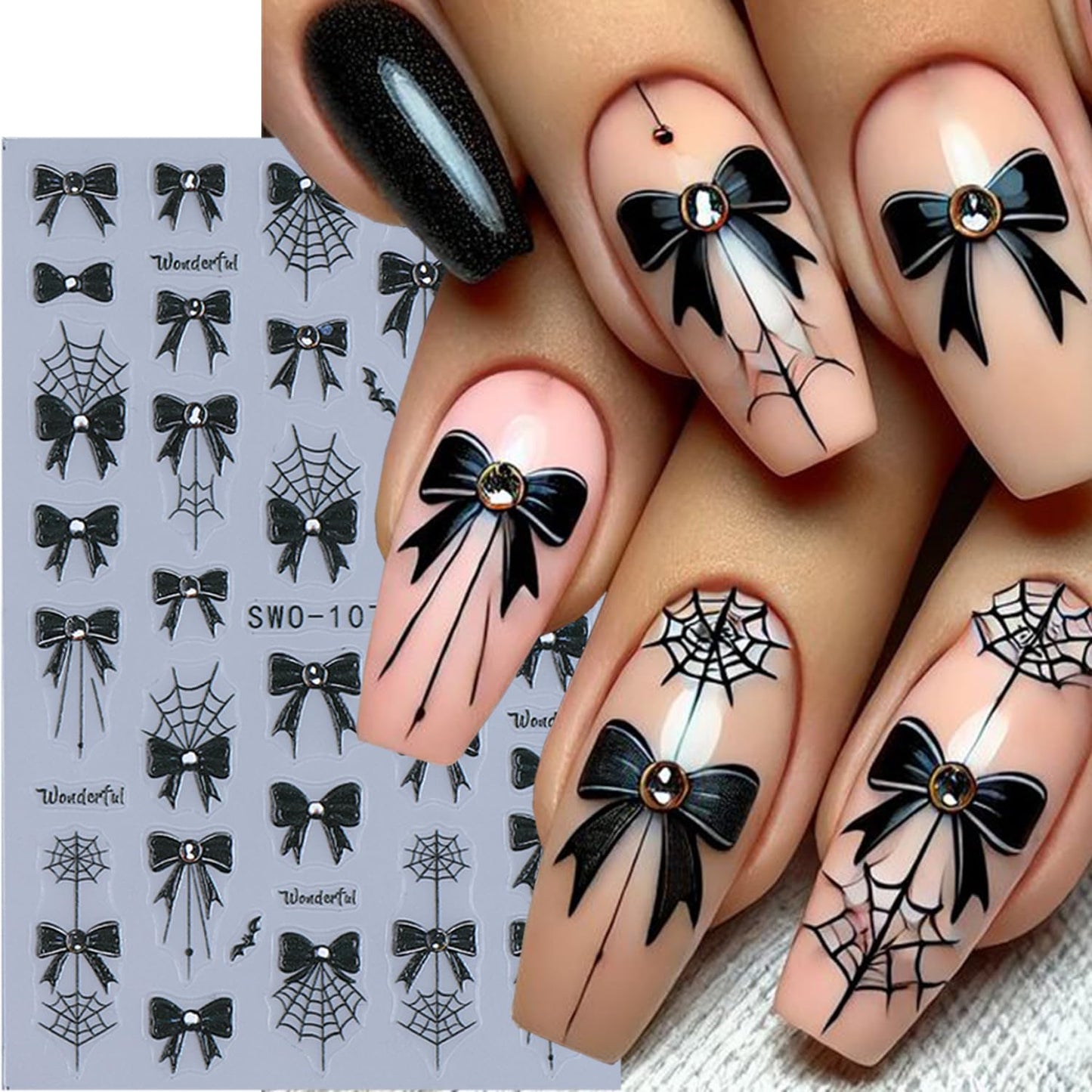 4 Sheets Halloween Nail Stickers for Nail Art Black Bow Spider Web Nail Decals with Crystal Diamond Designs Bloody Bows Nail Art Stickers 5D Self-Adhesive Halloween Nail Decoration for Women