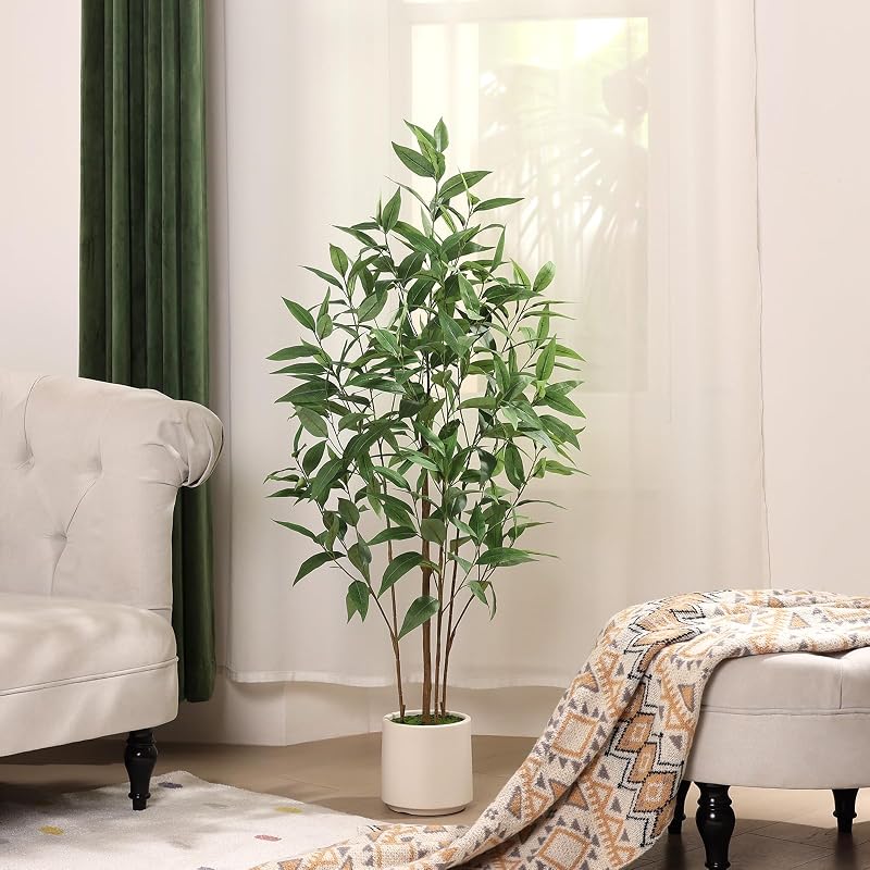4Ft Artificial Eucalyptus Plant with White Planter - Multi-Trunk Fake Tree