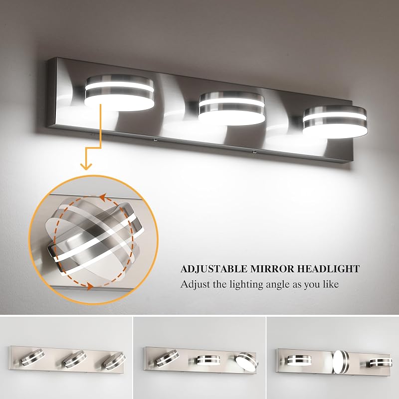 Dimmable 24in Brushed Nickel Vanity Light — 3-Light Over Mirror, 5500K LED, 350° Rotating Heads