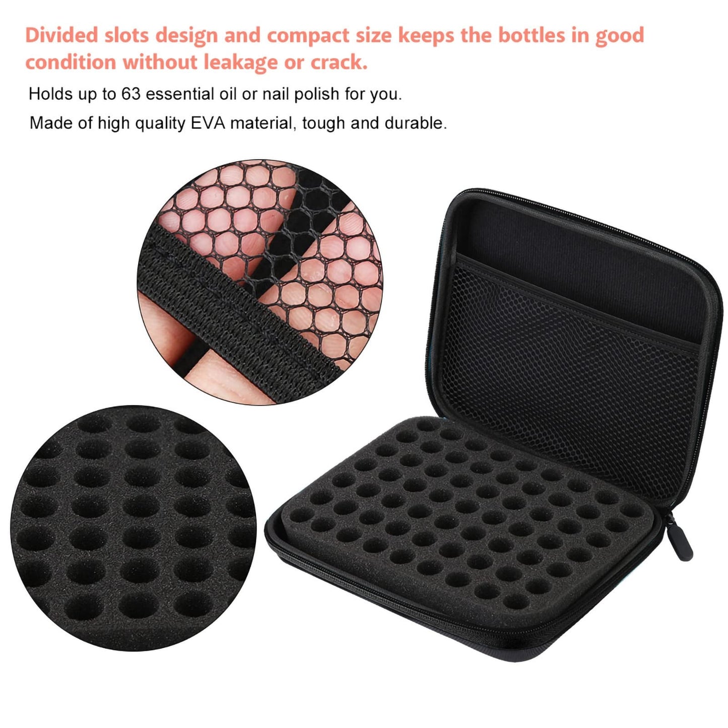 Jerliflyer Essential Oil Storage Bag,1-3ml 63 Slots Portable Aromatherapy Essential Oil Storage Bag Case Collision Proof No Leakage 16mm Aperture Essential Oil Organizer for Travel Outdoor (black)