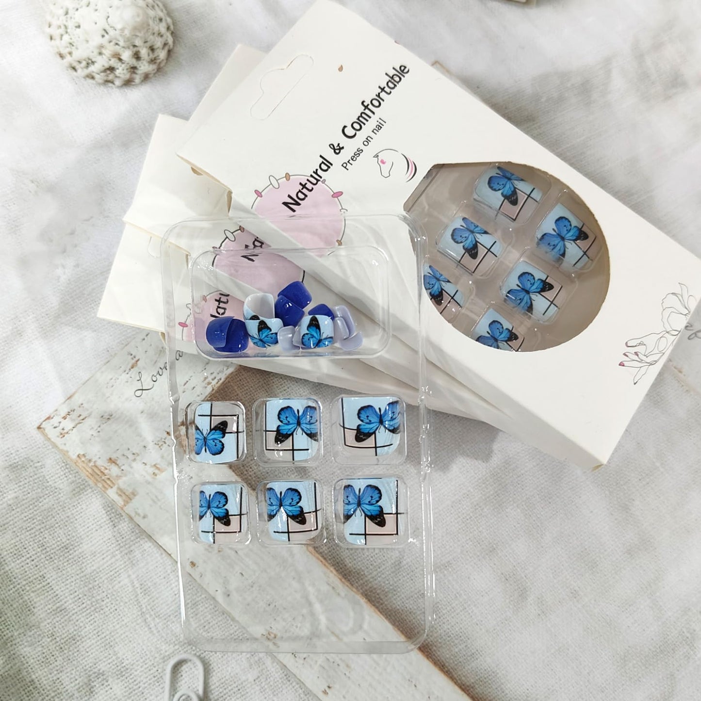 Dark Blue Press on Toenails Short Square Fake Toe Nails Blue Butterfly False Toenails Acrylic Toe Nail Press ons Gel Glue on Toe Nails Summer Toenail Press on Nails for Coquette Women 24Pcs