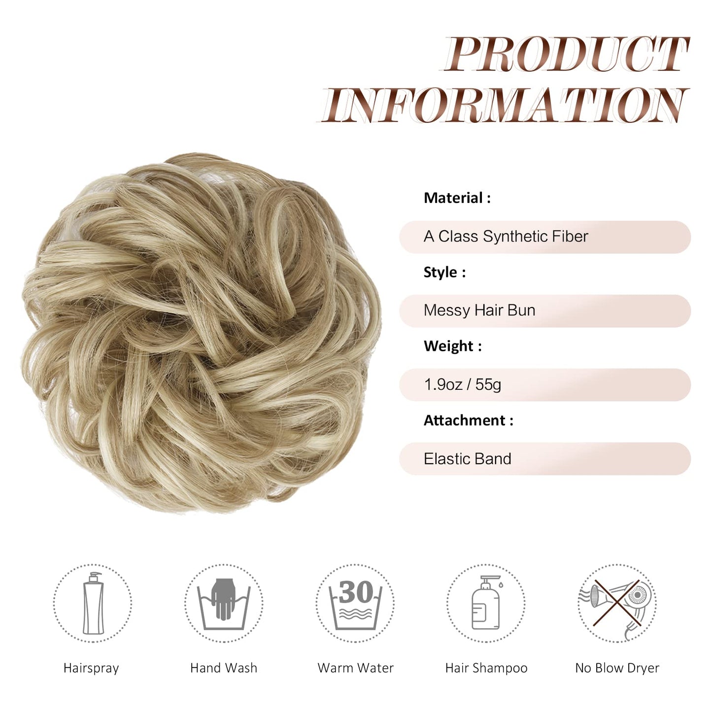 FESHFEN Messy Bun Hair Pieces - Large Wavy Curly Elastic Hair Bun Scrunchies Ponytail Extensions Synthetic Chignon Hairpieces for Women, Dirty Blonde 1.94oz
