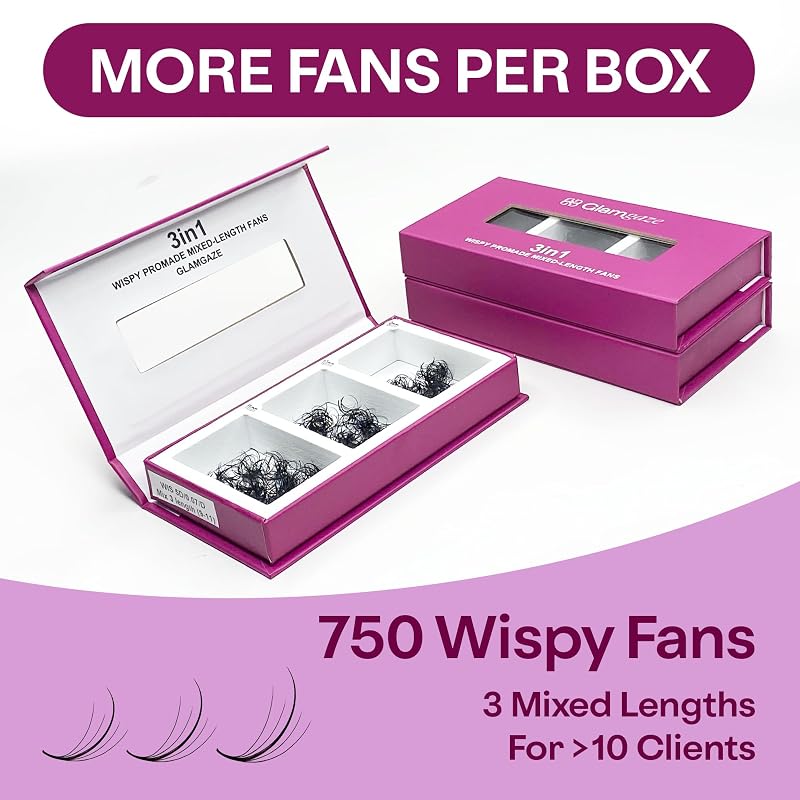 750 Wispy Premade Lash Fans 5D-9D 0.07mm C/C Curl - 3 Mixed Lengths, Glamgaze (Variation: 750 Fans 5D-0.07-C+9-10-11 mm)