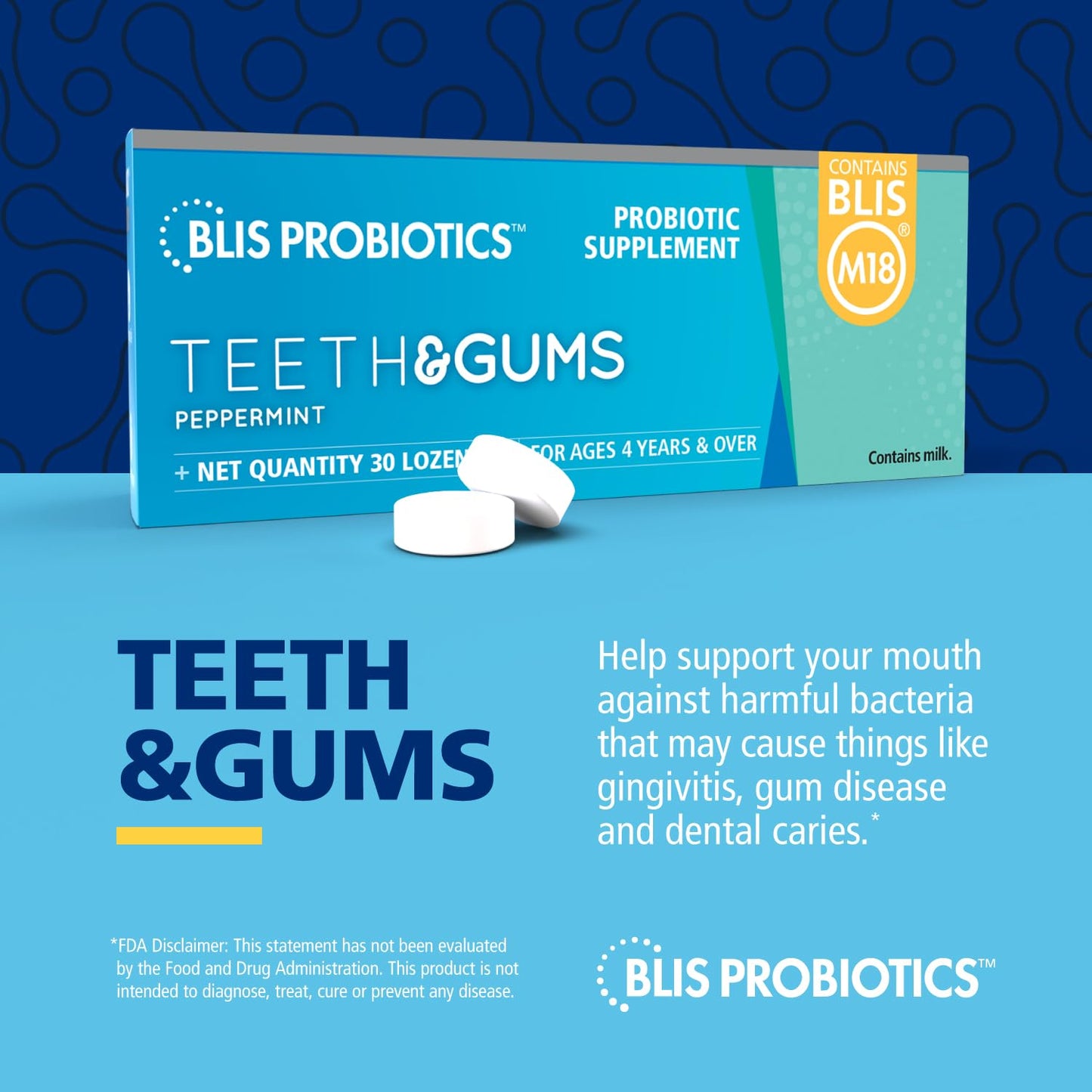 BLIS Teeth & Gums Oral Probiotics for Mouth M18 Formula Available, 2.5 Billion Cfu - Mouth Probiotic for Tooth and Gum Health, Adults and Kids - Sugar-Free Lozenges, 30 Day Supply