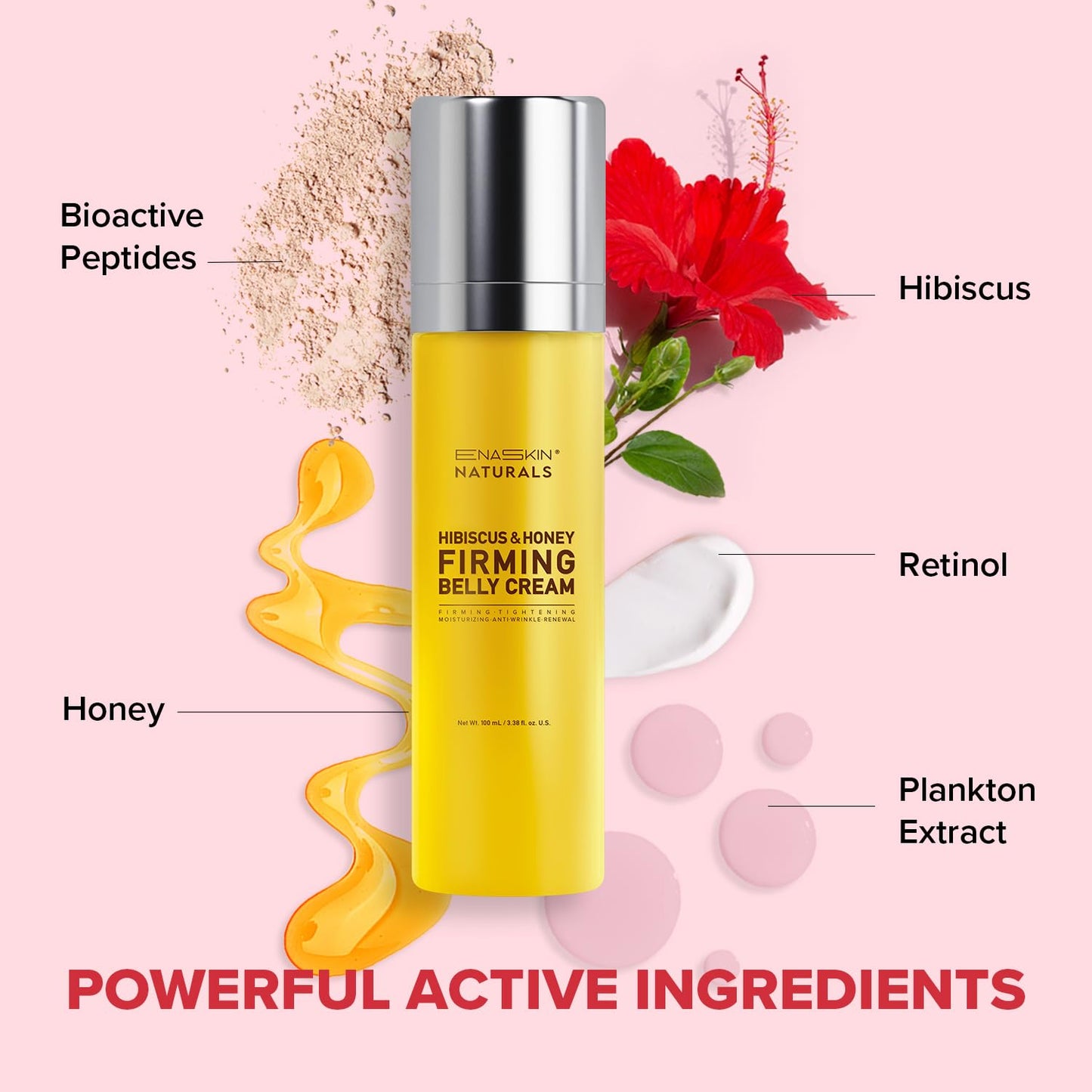 Enaskin Naturals Belly Firming & Skin Tightening Cream — Hibiscus and Honey Cellulite Lotion for Stomach, Thighs & Butt — Moisturizing & Lifting Body Lotion for Women, 100ML