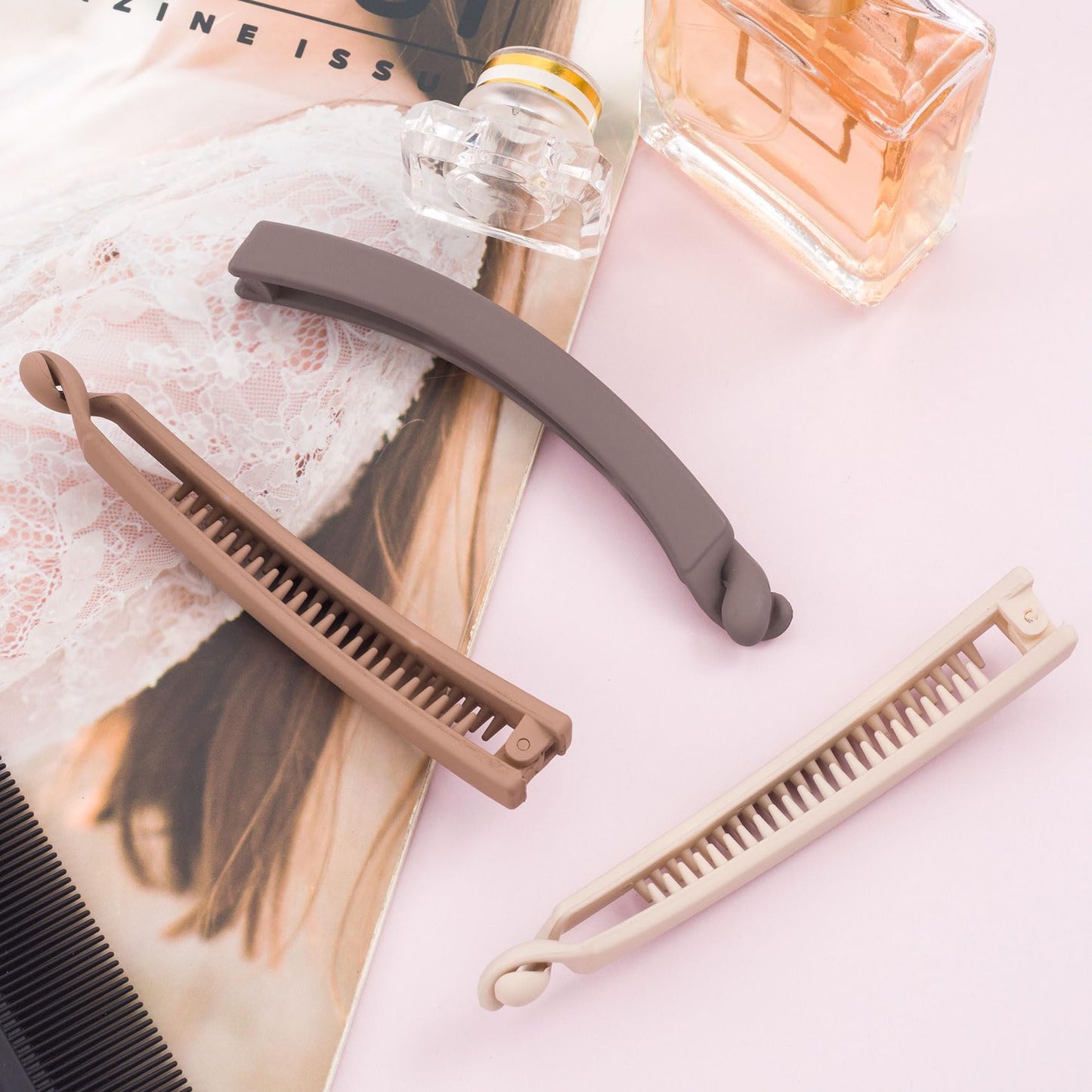 Mxxipp 3pcs French Banana Clips, Non-Slip Classic Large Hairstyle Claws, Fish Shaped Double Combs Hair Holder for Women Curly Straight Long Thick Thin Hair- Beige & Dark Coffee & Light Coffee