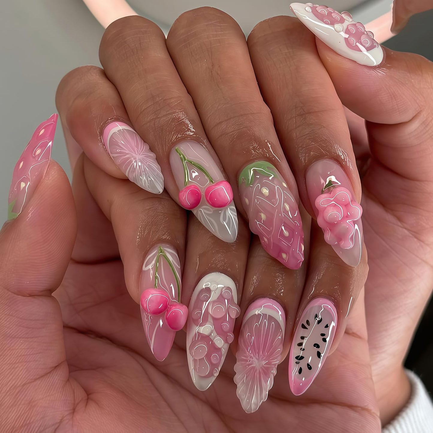 French Tip Press on Nails Almond Long Fake Nails with Strawberry Embossed Pattern Water Drop Design Acrylic Full Cover False Nails Summer Artificial Nail Women Daily Wear Nail Decoration