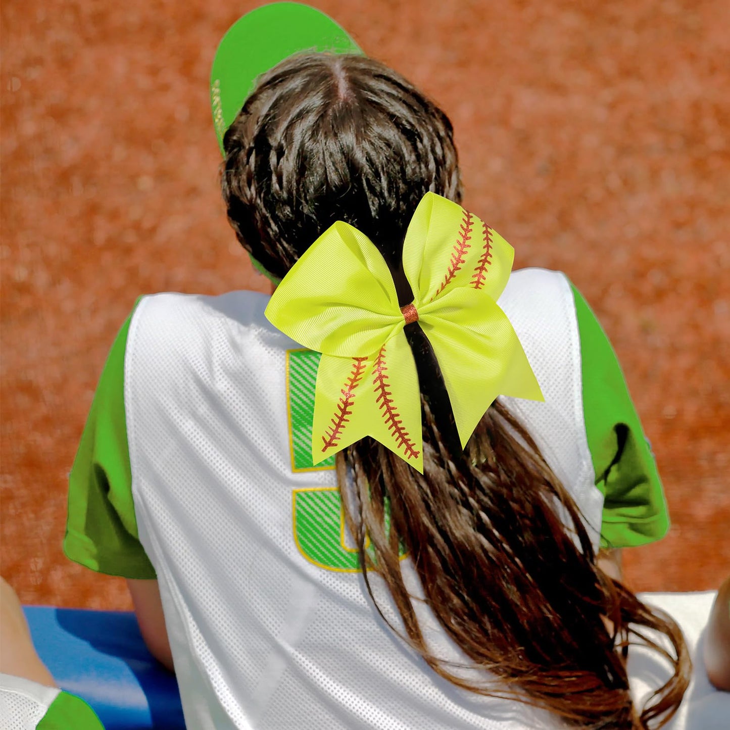 DEEKA 12 PCS Softball Cheer Bows with 2 Glitter Stitching Cheerleader Team Bows Elastic Band for Softball Sports Girls (Neon Yellow+Red Stitching)