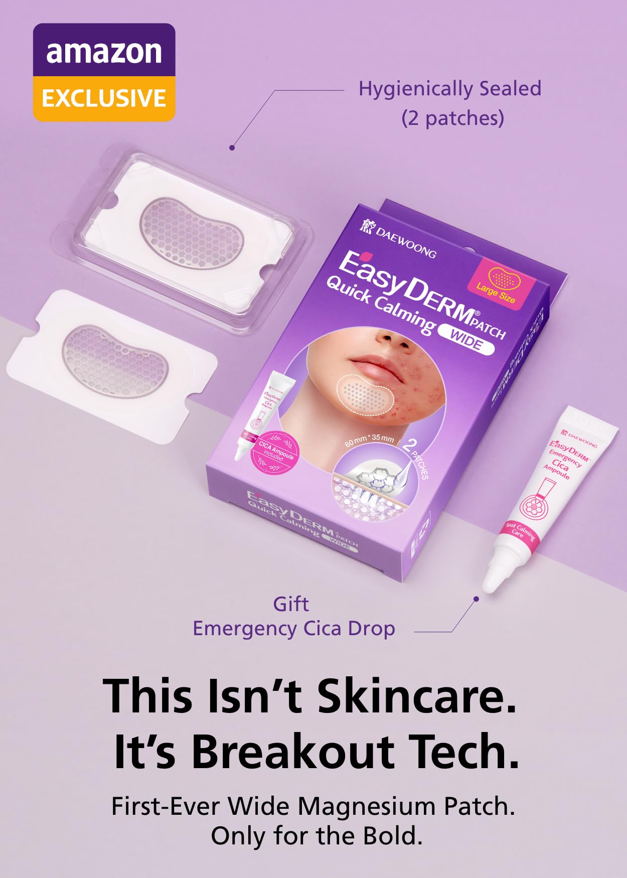 EasyDerm Quick Calming Magnesium Patches WIDE – 2 Large Face Acne Patches for Breakouts, TikTok Viral Microdot, With Bonus CICA Mini Ampoule