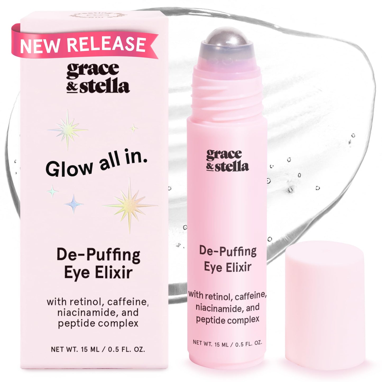grace & stella Under Eye Brightener Roller - Airplane Travel Essentials - Travel Size Toiletries - Retinol & Caffeine Eye Serum for Puffiness, Dark Circles, Wrinkles - Vegan Skincare (15ml / 0.51floz)