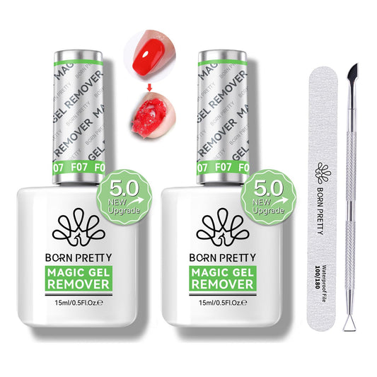 BORN PRETTY Magic Gel Polish Remover,2Pcs Gel Polish Remover for Nails with Cuticle Pusher and Nail Files,Quick & Easy Gel Nail Polish Removal in 3-5 Minutes,No Damage to Nails