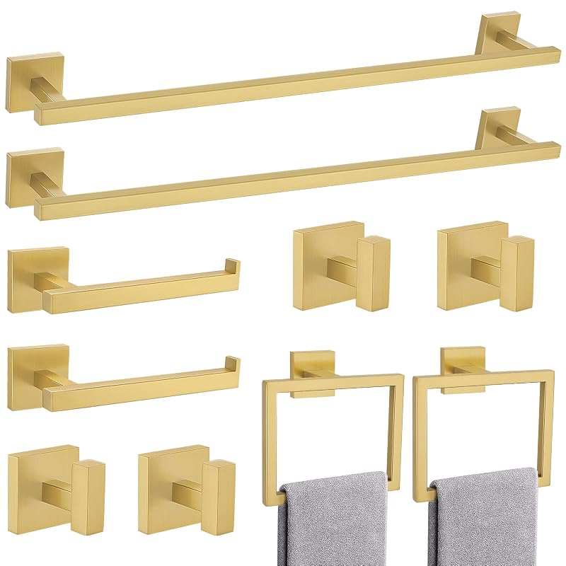 Brushed Gold 10-Piece Bathroom Hardware Set SUS304 Stainless Steel Wall Mounted