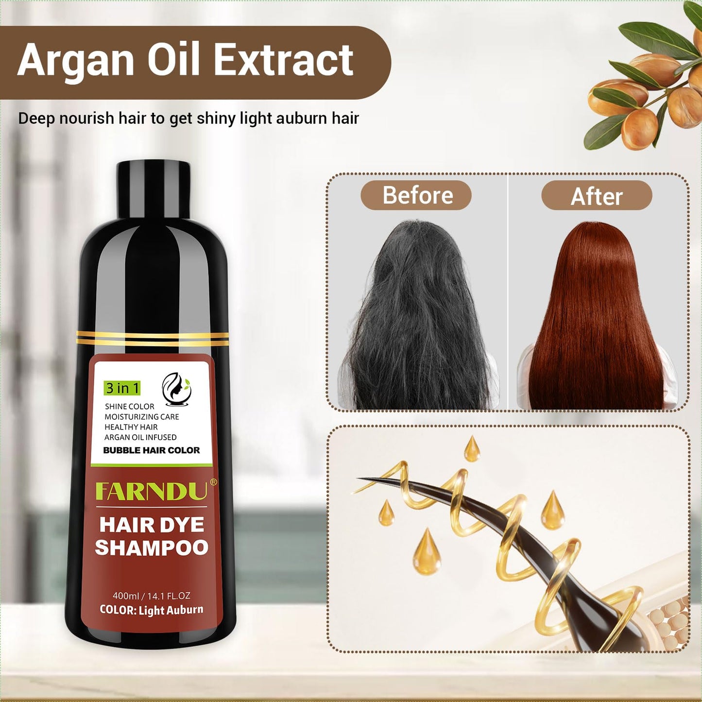 Farndu Light Auburn Hair Dye Shampoo for Women Men Gray Hair Coverage and Herbal Ingredients 3 In 1 Hair Color Shampoo