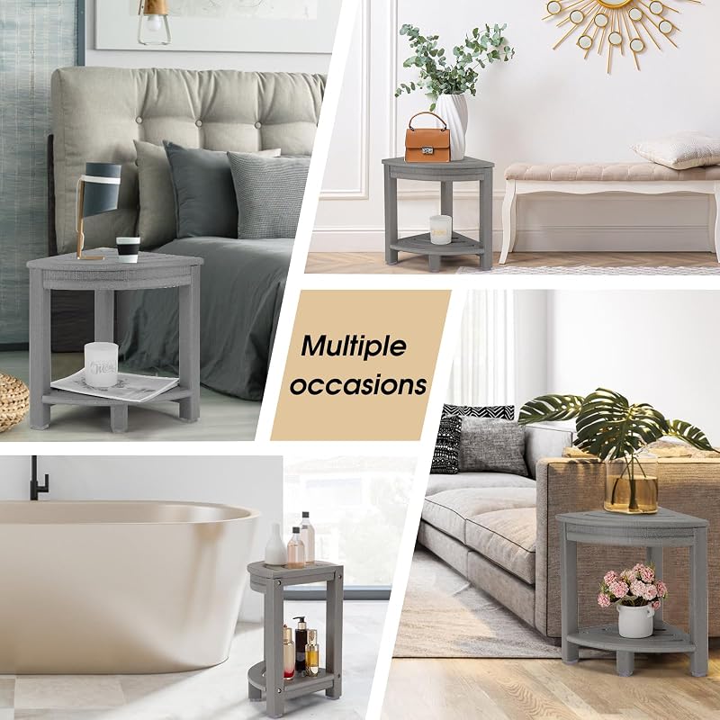 Corner Shower Stool with Storage Shelf, HDPE Shower Bench Grey
