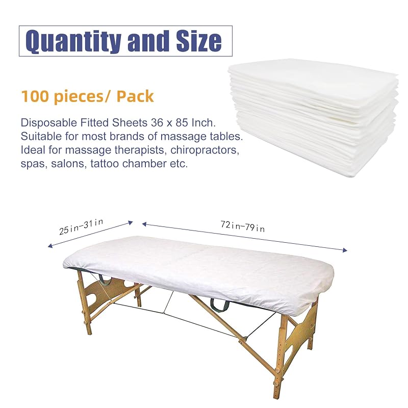 100PC Disposable Fitted Massage Table Sheets - Heavy Duty Elastic Bed Cover, 36 x 85 Inch, White