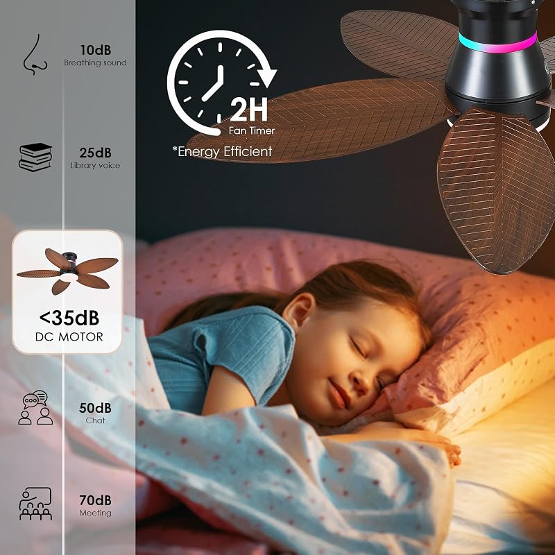 Brown Palm Leaf 46in Ceiling Fan with Lights, RGB Side Light, 6-Speed DC Motor, Remote & 3CCT Dimmable LED, Quiet Flush Mount - Variation: Brown-Palm Leaf+46in