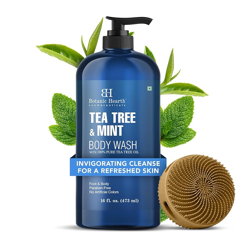 Tea Tree & Mint Body Wash with Silicone Body Brush – 16 fl oz, Botanic Hearth