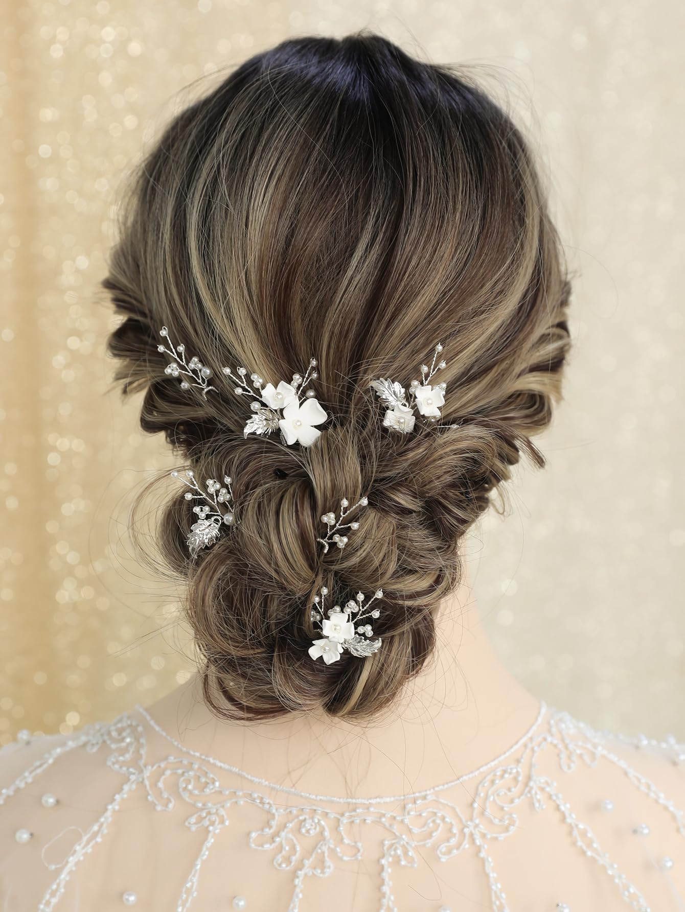 SELFCLOUD Handmade Pearl Bridal Wedding Hair Pins 6Pcs White Flower Gold Leaf Pearls Clips Bridal Hair Accessories for Women Brides Bridesmaid