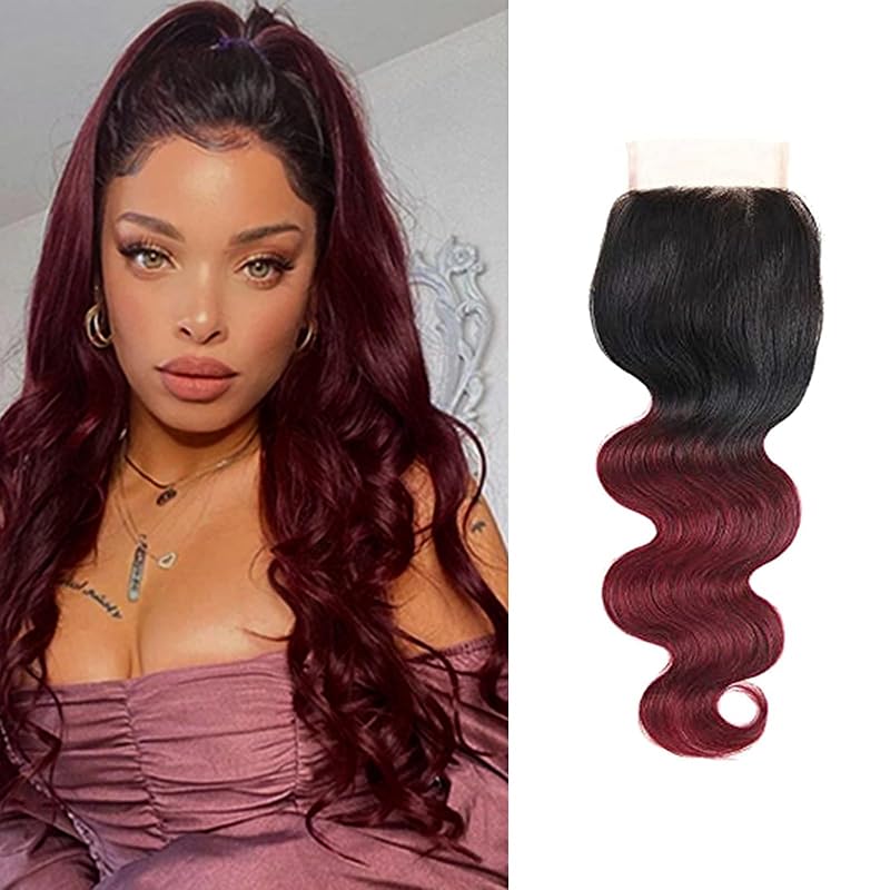 Isufer Brazilian Body Wave 4x4 Lace Closure 100% Virgin Hair 8 Inch 1B/99J Burgundy