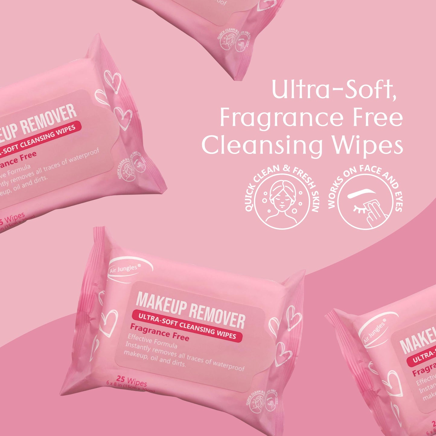 Air Jungles Makeup Remover Wipes 25 Count (Pack of 4), Extra Large 6" x 8", Fragrance-Free, Removes Makeup and Oil, Soft Cleansing Wipes, Alcohol Free