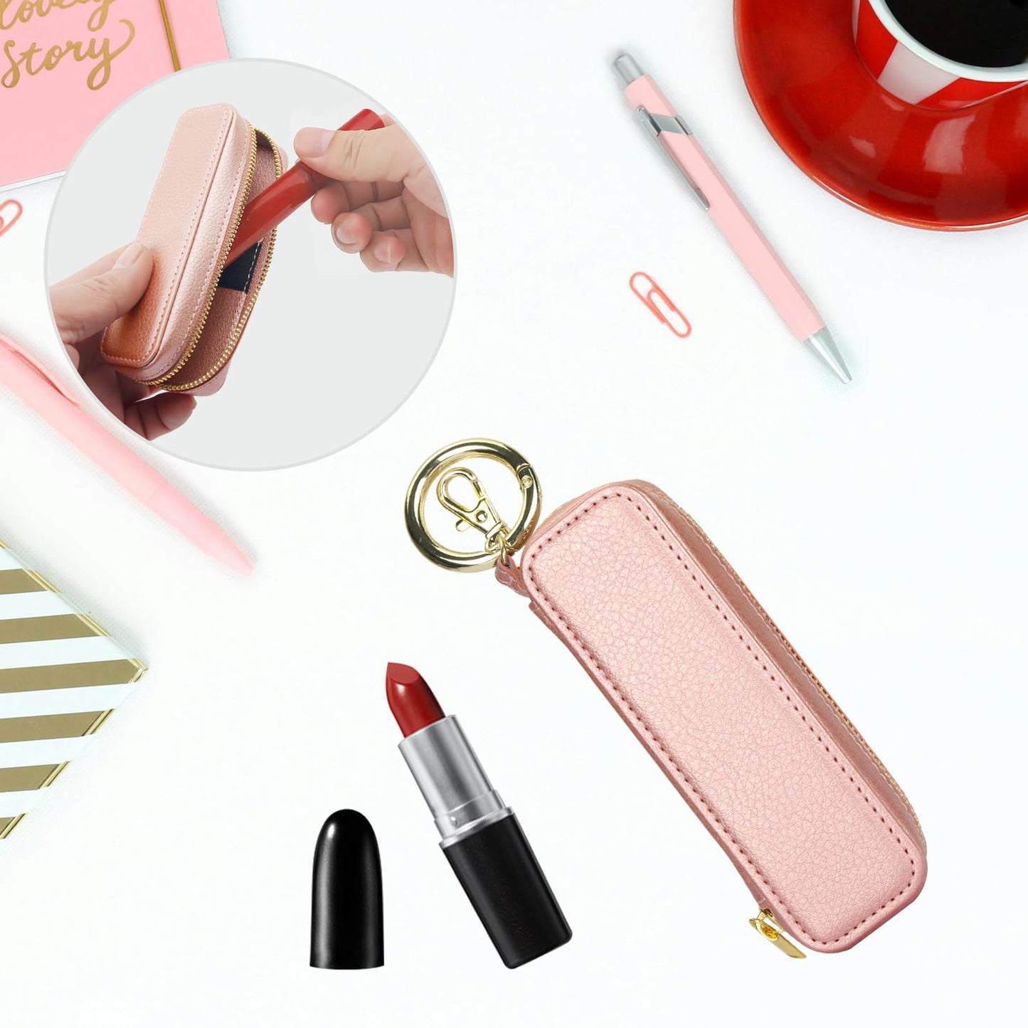 Bocasal Leather Lipstick Case Holder Chapstick Keychain Pouch, Zipper Lip Balm Lip Gloss Bag for Purse with Elastic Band, Makeup Travel Organizer, Cosmetic Storage Kit for Women Girls (Rose Gold)