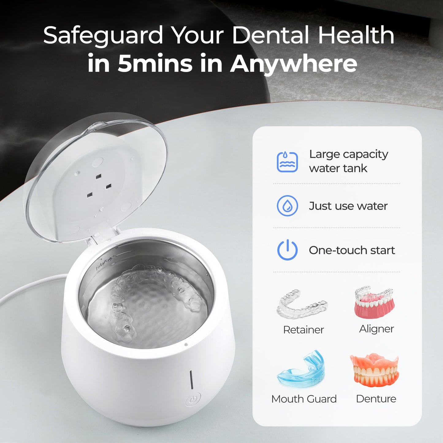 Guntsous Ultrasonic Retainer Cleaner Machine: 45kHz Medium Frequency Stain Away Plus Sonic Cleaner with Three Professional LED Lights for Denture Dental Jewelry Ring Mouth Night Guard Aligner