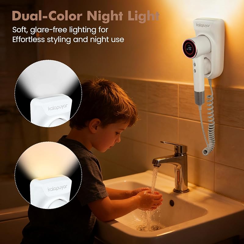 Wall-Mounted 1600W Hair Dryer with Negative Ionic Tech & Night Light