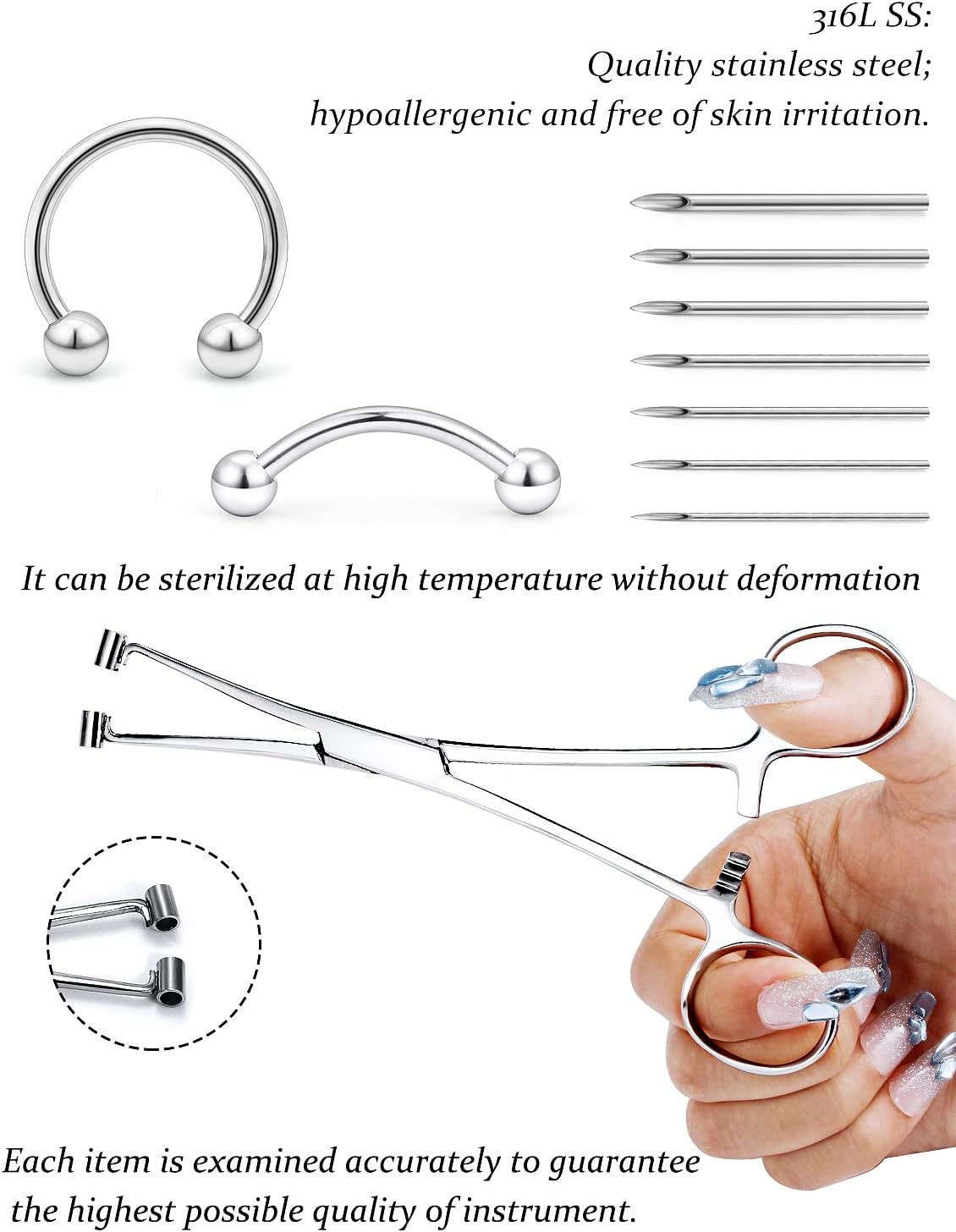 316L Surgical Steel Body Piercing Tools Kit - 9 Styles for Nose, Septum, Lip, Tongue & More