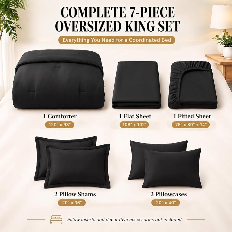Oversized King Comforter Set Black - 7-Piece Bed in a Bag, CozyLux Variation: Black+Oversized King