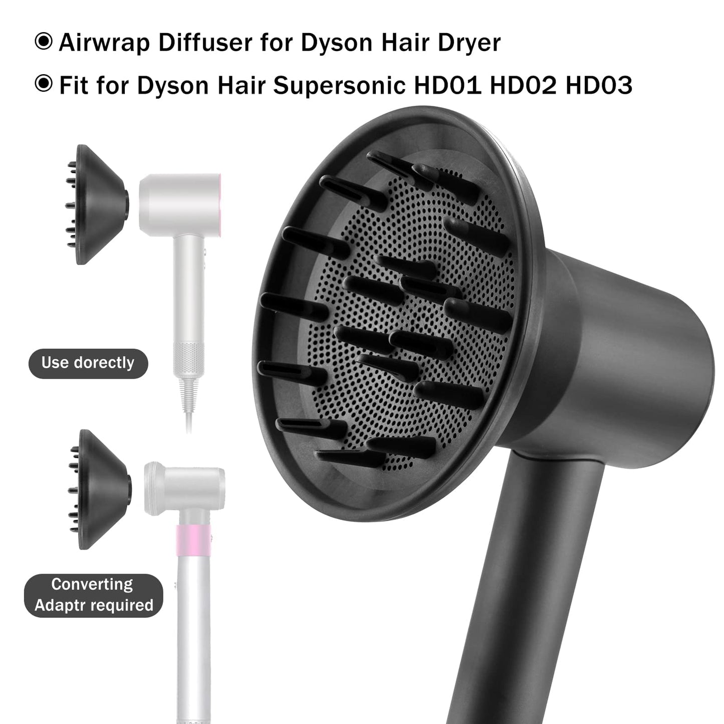 Hair Diffuser Attachment Nozzles for Dyson Supersonic Hair Dryer HD01 HD02 HD03 HD04 HD08 HD15 Tools Accessaries Parts, Black