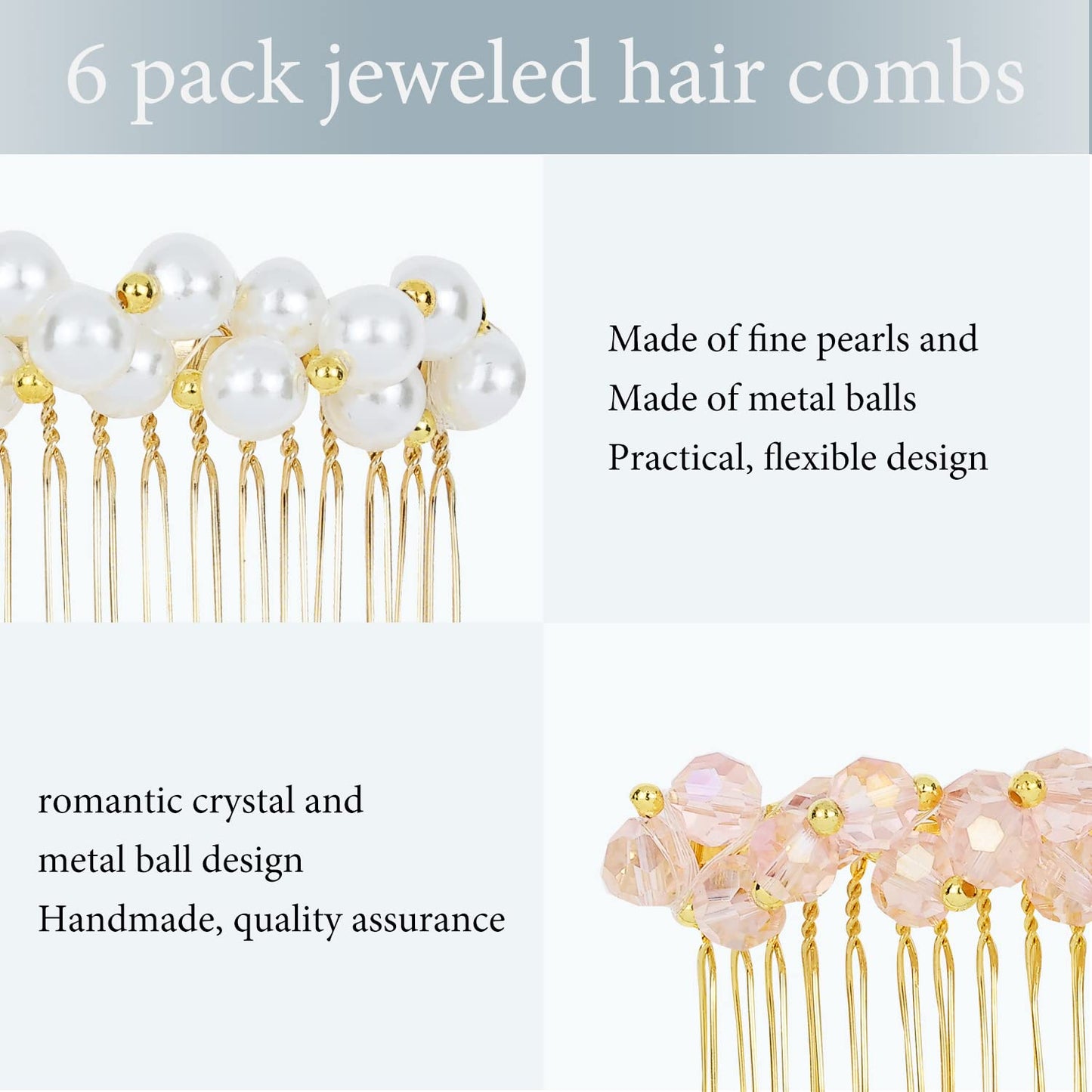 Lawie 6 Pack Luxury Fancy Jeweled Gems Crystal Diamond Pearl Rhinestone Glitter Sparkly Decorative Metal Side Hair Combs Teeth Slide Hair Clips Barrettes French Twist Thick Hair Holder for Women Girls