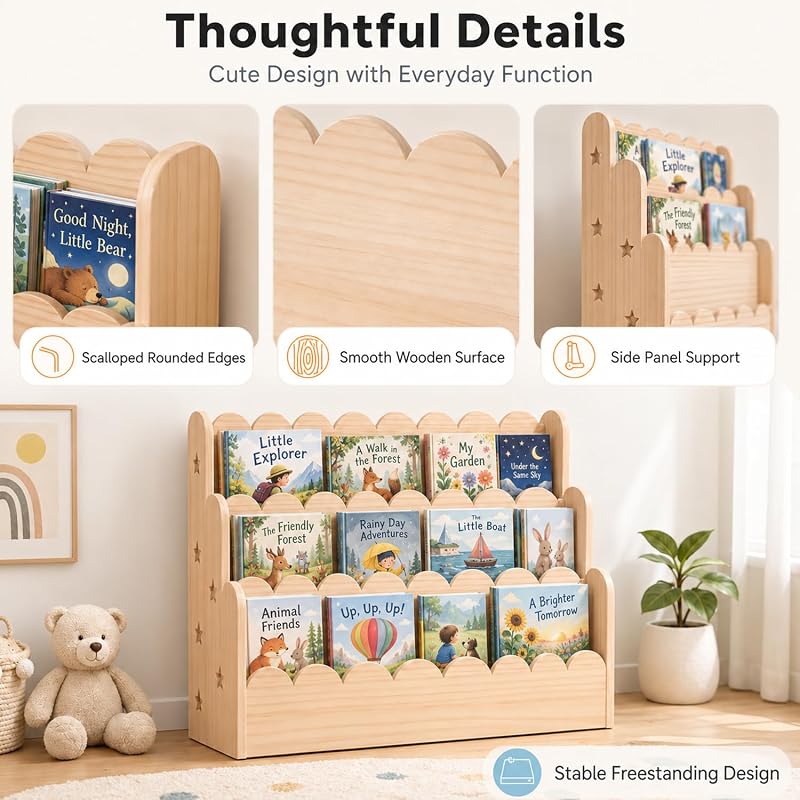 3-Tier Kids Bookshelf - Front-Facing Natural Wood Bookcase