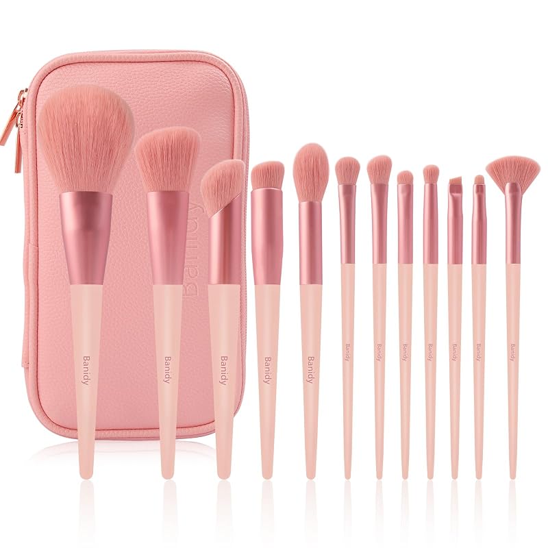 12-Pink Banidy Makeup Brush Set with Storage Bag – Vegan Synthetic Hair, Complete Kit for Eyes, Face, Concealer & Foundation