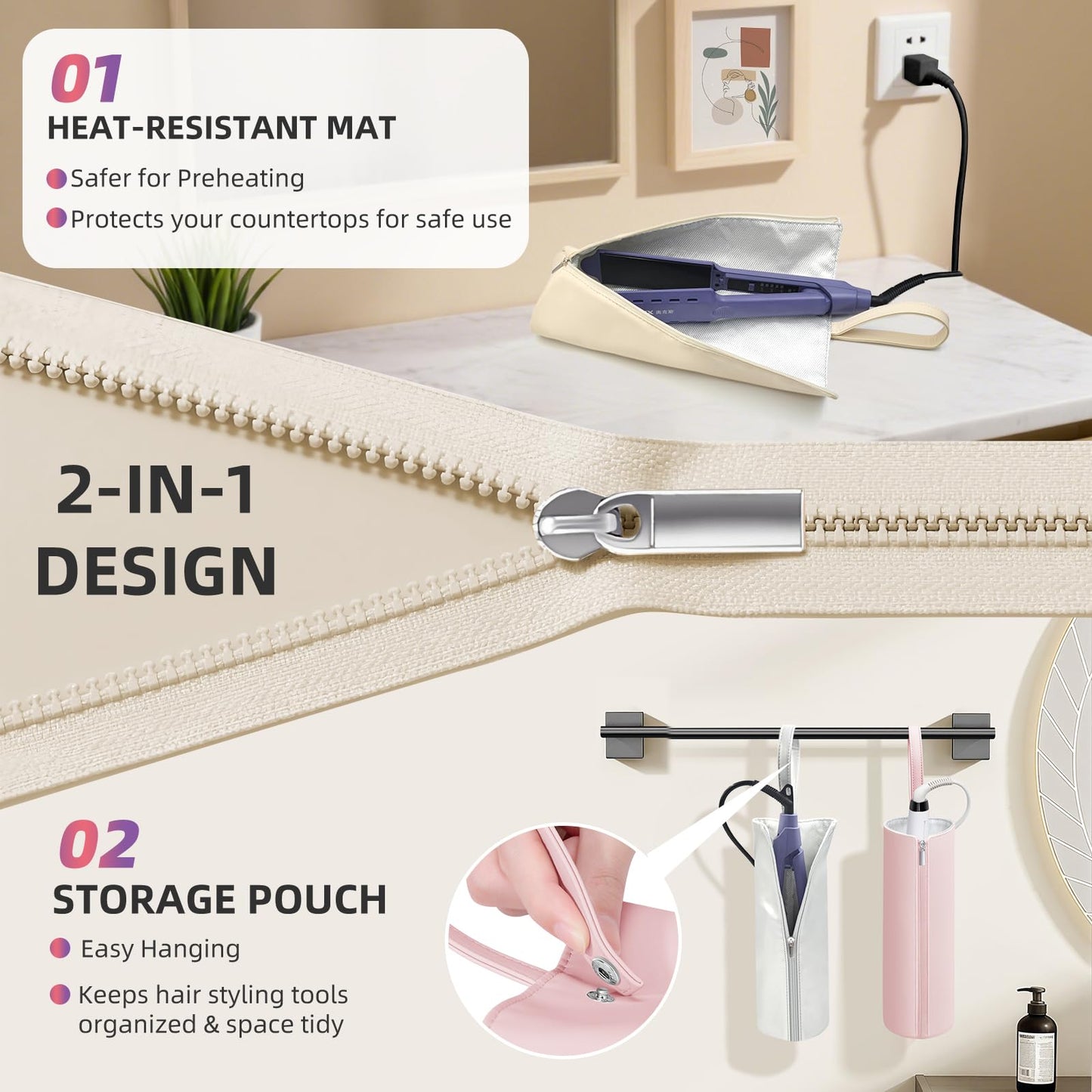 Aenfaiy 2-in-1 Heat Resistant Mat & Bag for Hair Styling Tools, Hanging Curling Iron Holder Flat Iron Holder with Zip, Portable Hot Hair Tools Travel Bag, Hair Straightener Mat Pouch for Countertop