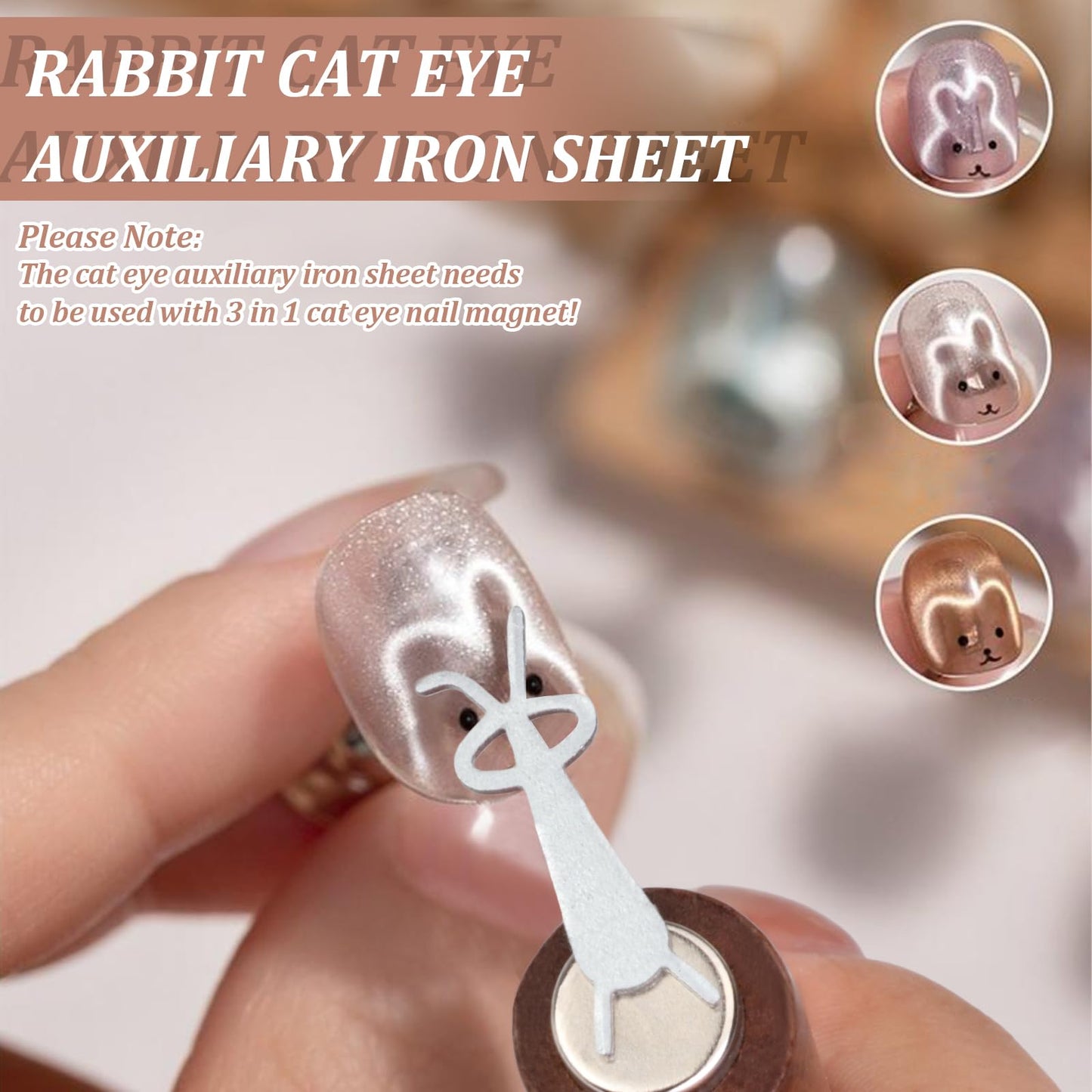 FOWSRHRG 3 in 1 Cat Eye Nail Magnet Set, Multifunctional Wooden Handle Nail Magnet, Heart Magnet for Nails, Rabbit Shape Cat Eye Magnet for Nails, Long Strip Magnets Tool for Nail Art DIY at Home