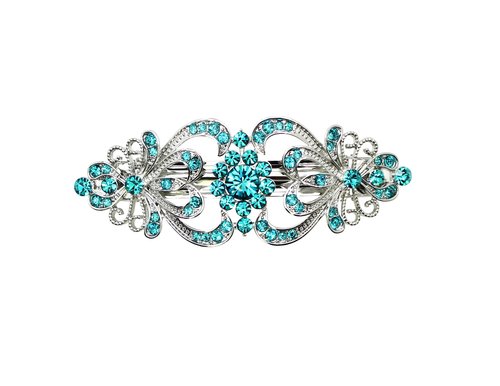 Faship Teal Rhinestone Crystal Hearts Floral Hair Barrette
