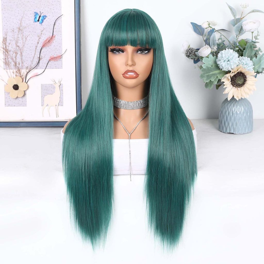WIGER Long Green Wigs with Bangs Straight Dark Green Hair Wig for Women Long Bangs wig Full Green Cosplay Wig for Girls Synthetic Natural Hair for Daily or Costumes (Green with Bangs)