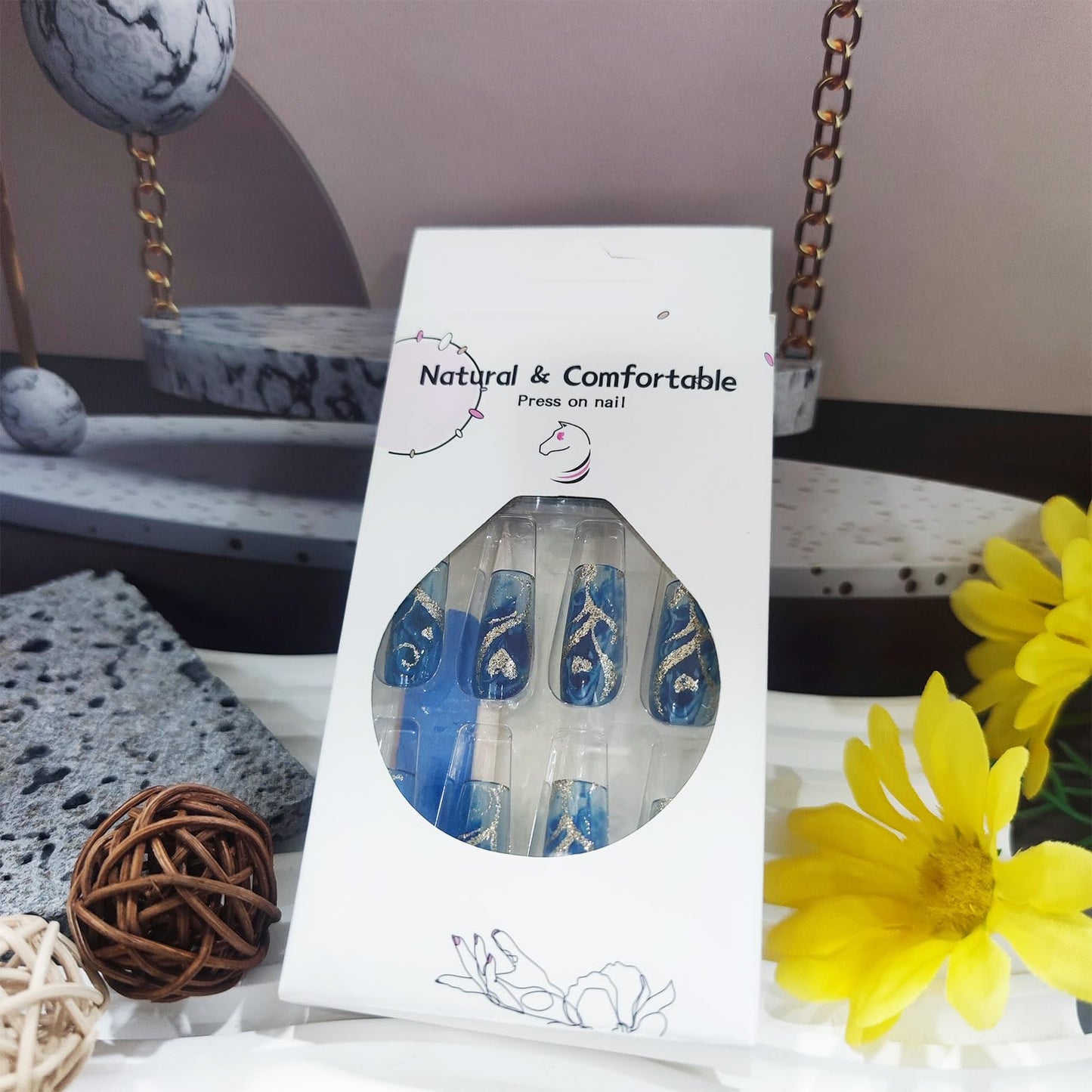 24Pcs Gold Curve Line Press on Nails Sea Acrylic Fake Nail Glossy Blue Gradient Medium Square False Nails Love Heart Stick on Fingernails Seaweed Gel Glue on Nail for Coquette Women Girls