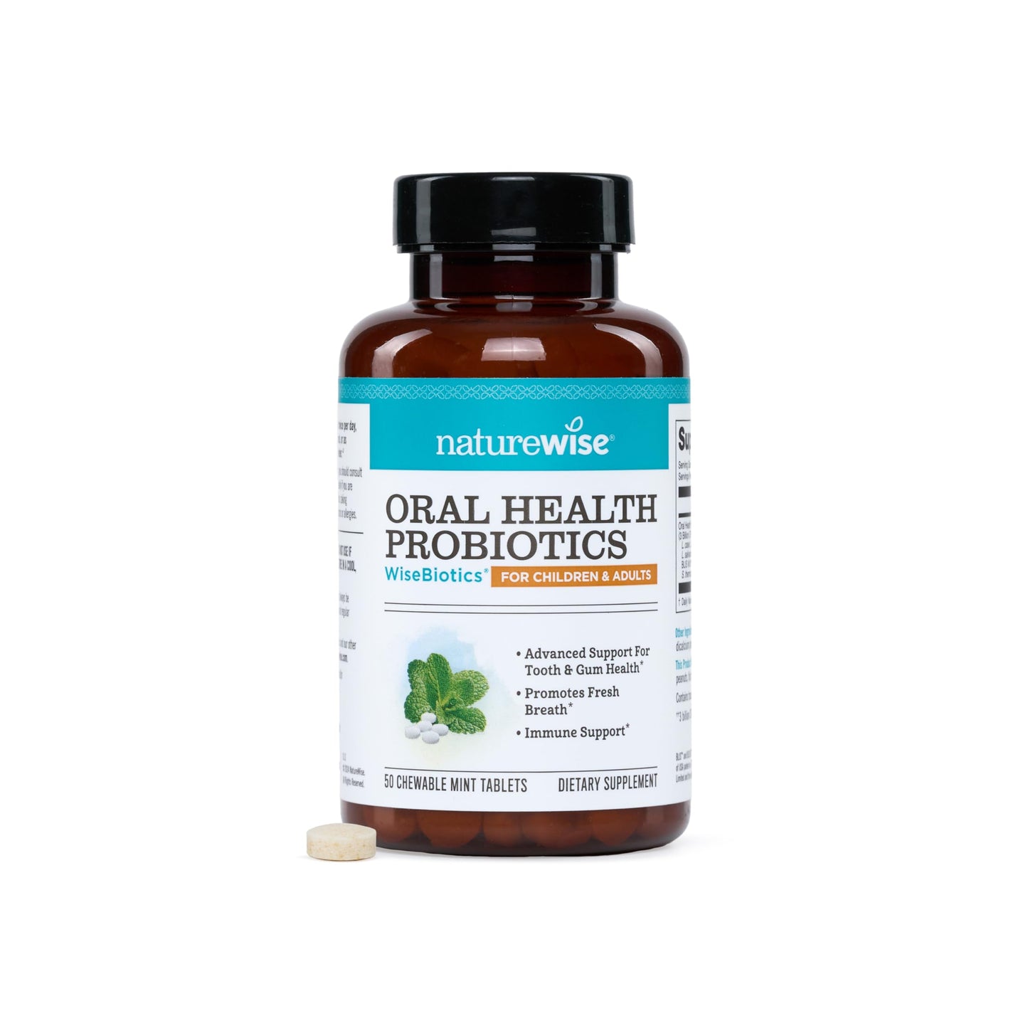 NatureWise Oral Probiotics for Teeth and Gums + Fresh Breath* - Chewable Sugar-Free Mint Tablet - Lactobacillus reuteri Chewable - Oral Health Probiotics For Kids & Adults - 50 Count[50-Day Supply]