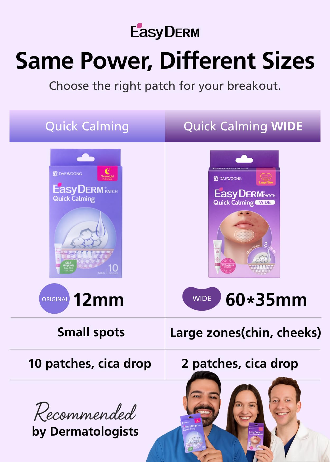 EasyDerm Quick Calming Magnesium Patches WIDE – 2 Large Face Acne Patches for Breakouts, TikTok Viral Microdot, With Bonus CICA Mini Ampoule