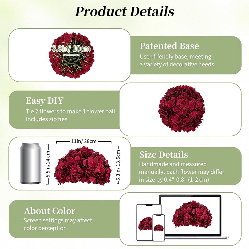 BLOSMON Hydrangea Artificial Flower Ball Centerpieces, 10 Pcs, Burgundy