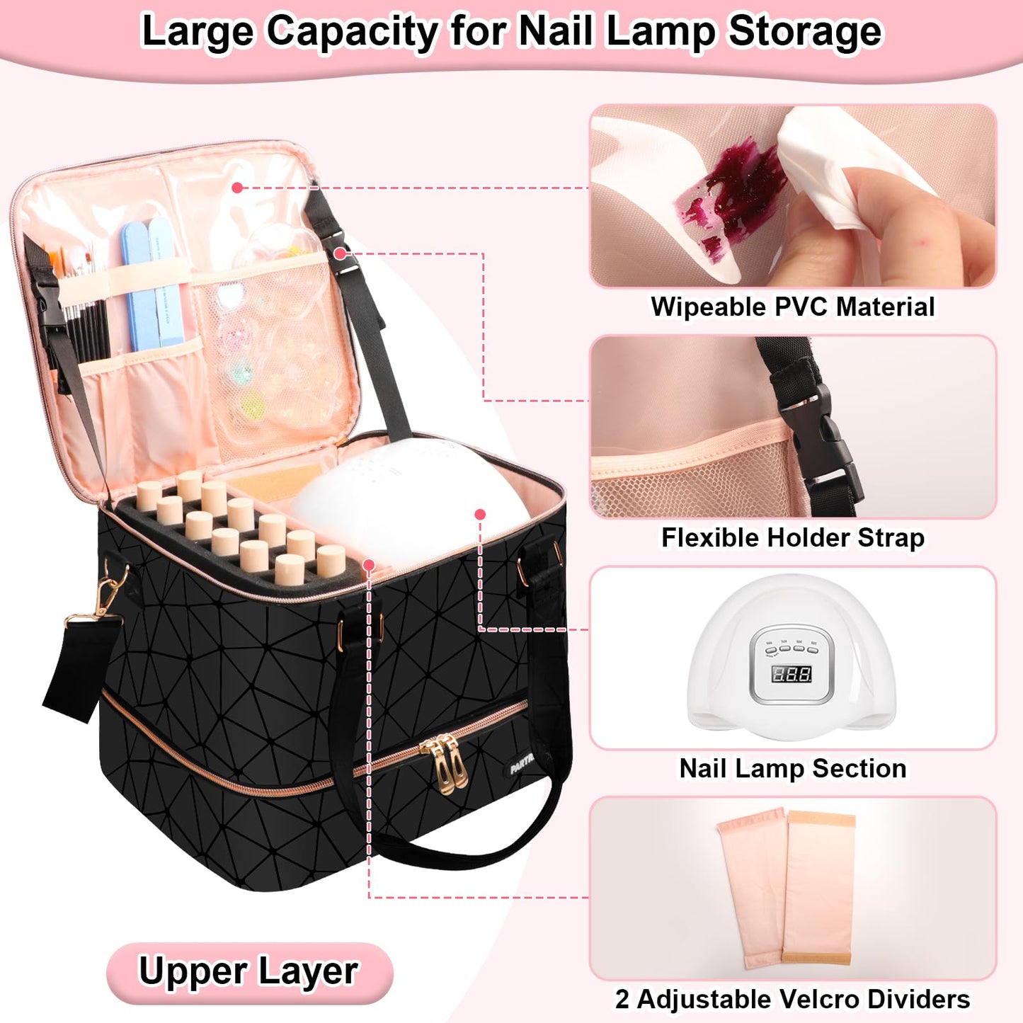 Partreko Large Nail Polish Organizer Fits 54 Bottles (15ml-0.5 fl.oz)& Nail Lamp, Double Layer Nail Supplies Organizer Bag with Holder Strip, PU Leather Nail Kit Storage Travel Case for Women (Black)