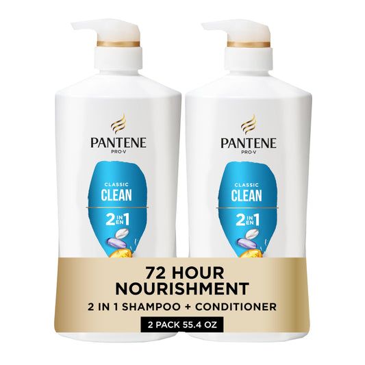Pantene 2-in-1 Shampoo & Conditioner, Classic Clean - Pro-V Nutrients for Dry, Color-Treated Hair, Healthy Looking Hair Every Wash, Antioxidant-Rich, 27.7 Oz Each, 2-Pack + Rescue Shot (0.5 Oz)