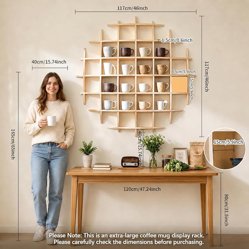 Oversize 46 x 46 Inch Wall-Mount Mug Display Shelf with 28 Slots