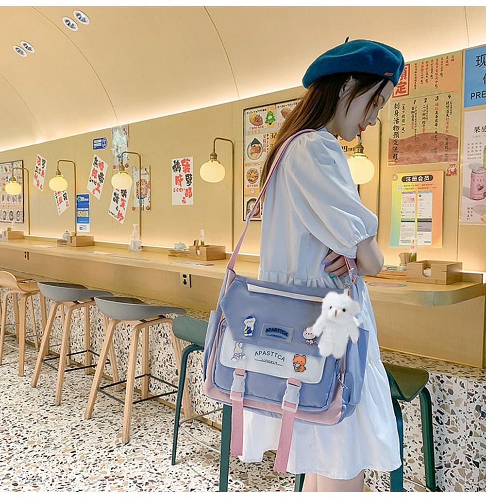 PRLINJSK Cute Messenger Bag for Teen Girls Women, Kawaii Crossbody Shoulder Purse with Pins and Stuffed Pendant Gift