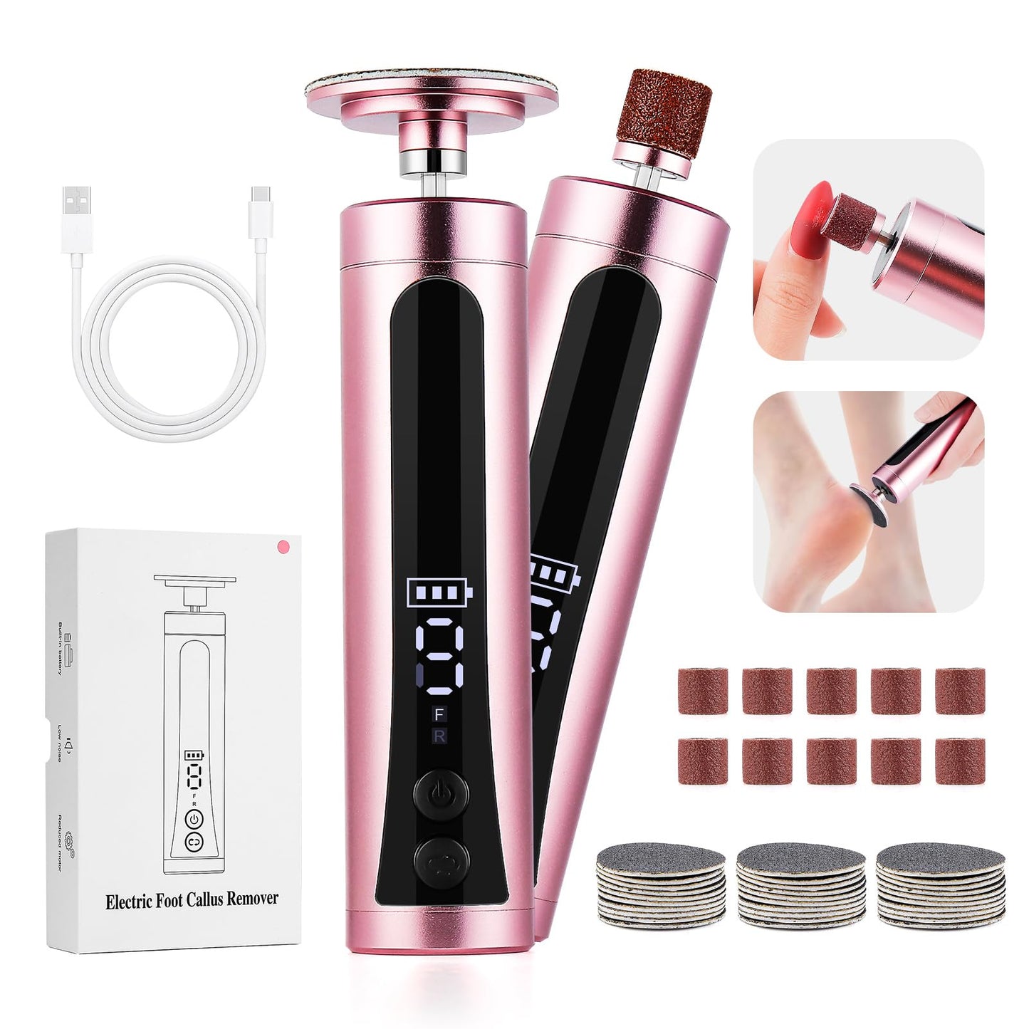 Rechargeable Callus Remover for Feet Electric 2-in-1 Pedicure Tools Foot File Grinder LCD Display 9 Adjustable Speeds 2 Sanding Heads 30 Sanding Paper