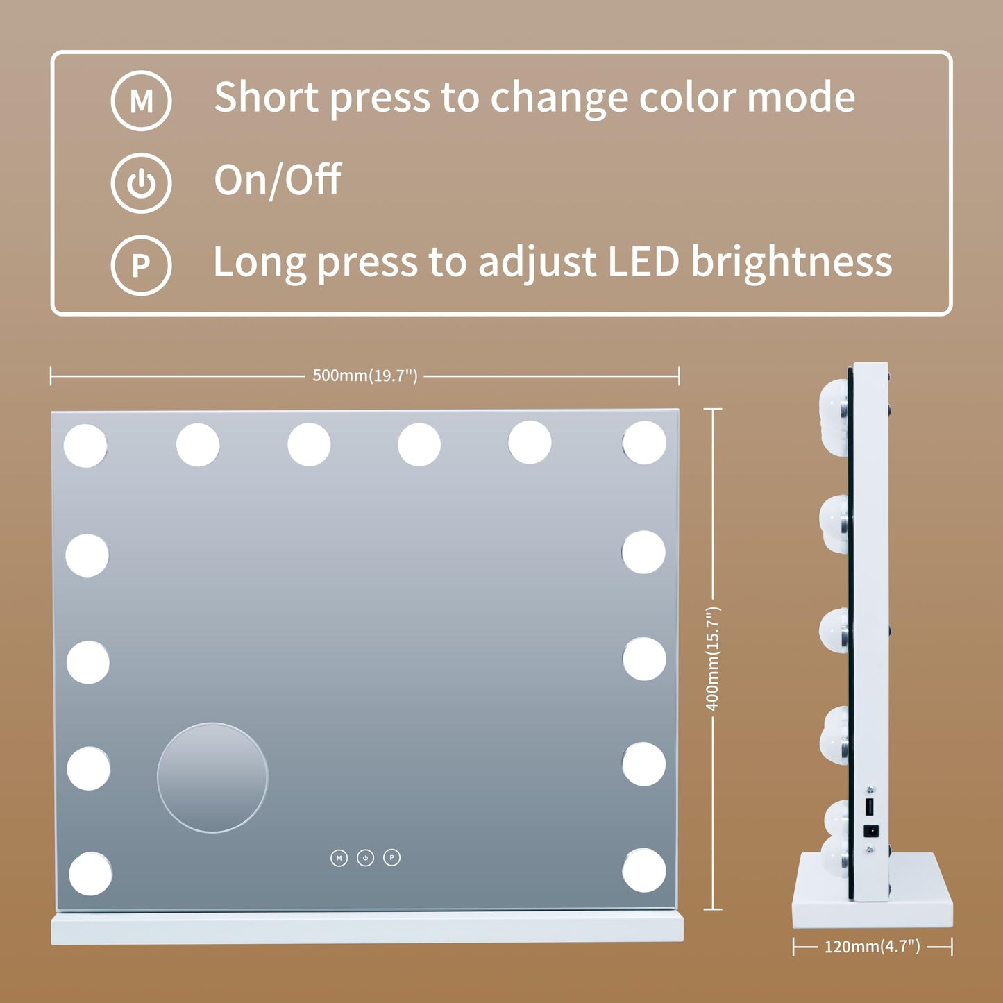 NUSVAN Vanity Mirror with Lights Lighted Makeup Mirror with Dimmable LED Bulbs,3 Color Lighting Modes,USB Charging Port Touch Control,Sturdy Metal Frame Design,White (50x40cm, 4.70)