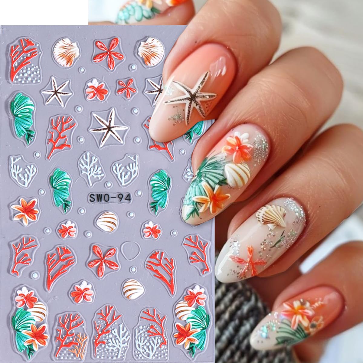 2 Sheets Summer Ocean Nail Art Stickers Ocean Shells Starfish Marine Animal Nail Stickers 3D Self-Adhesive Nail Decals for Women DIY Holiday Manicure Decoration Supplies